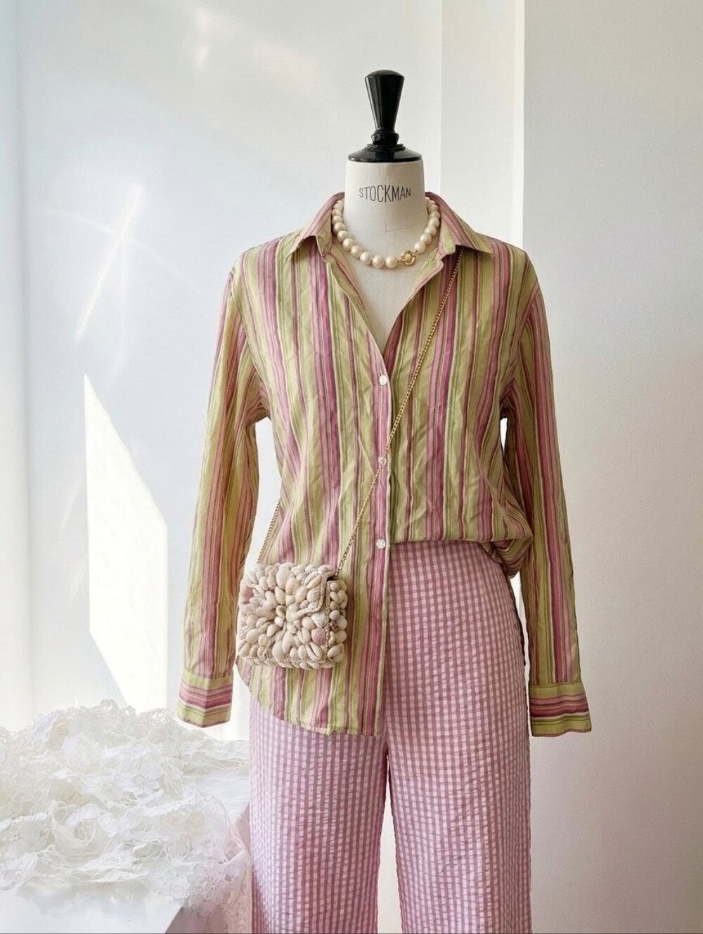 Jones New York Signature 100% Silk Pink and Light Green Striped Blouse